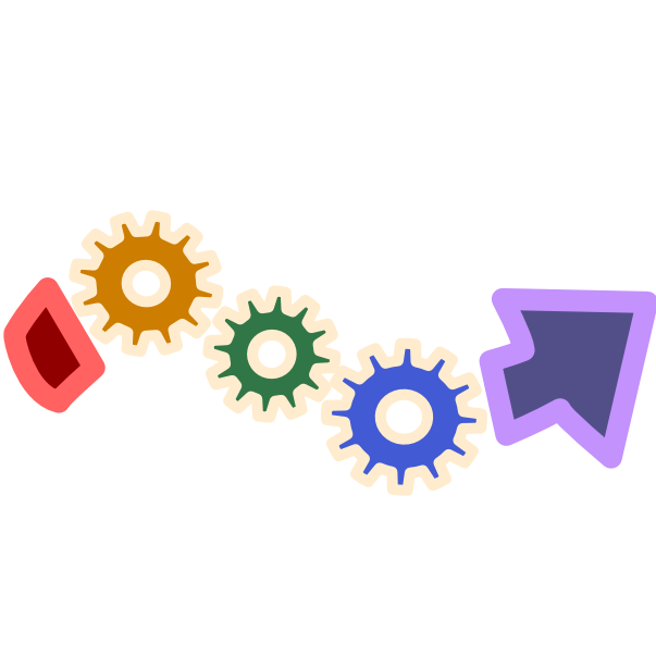 an image with light line art shows a curved arrow with a section removed from its center. Replacing the section are three gears, one yellow, the next green, and the last blue. The end of the arrow is a pinkish red, the point of the arrow is purple.
